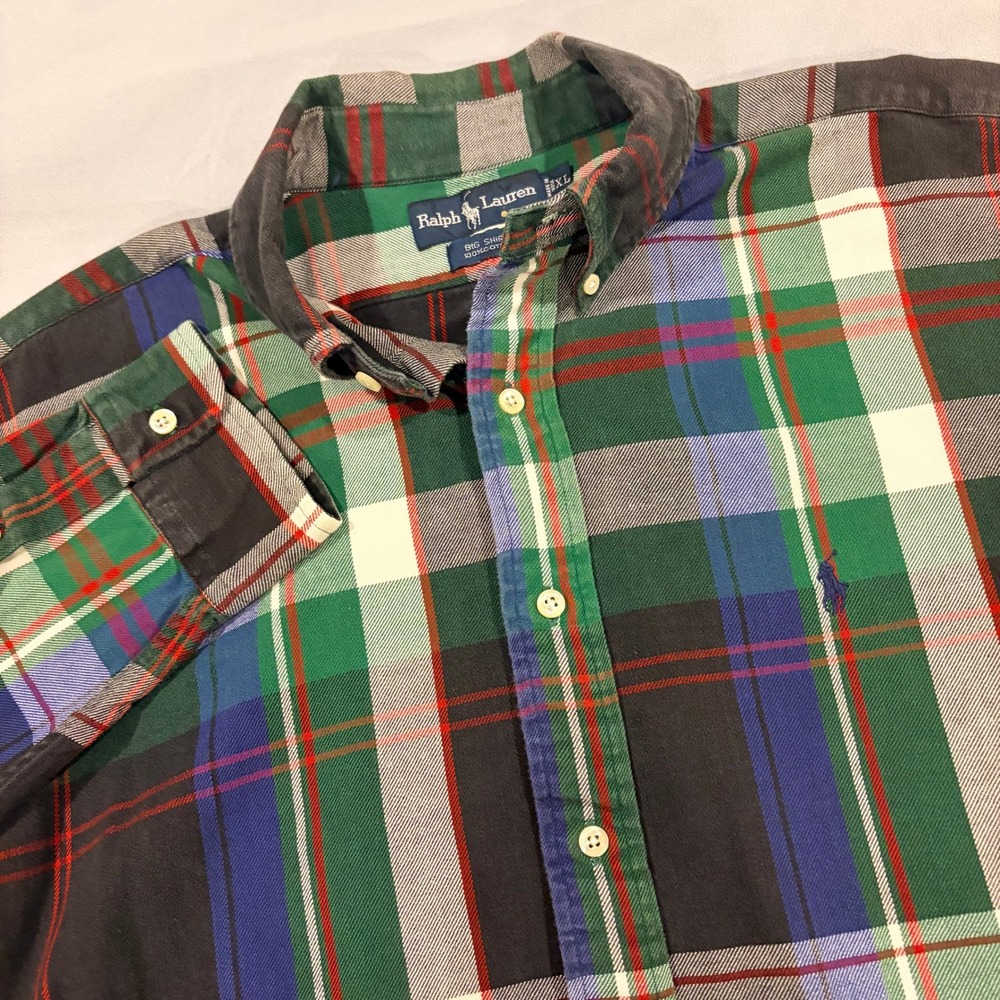 Polo Ralph Lauren Big Shirt Mens XL Green Plaid Flannel Button Down Long Sleeve